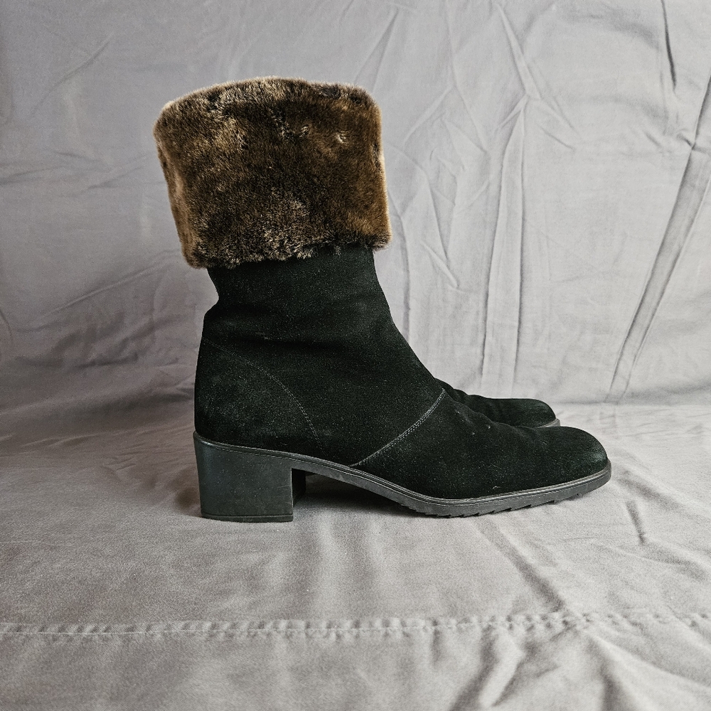 Salvatore Ferragamo Black Black Suede w/ Faux Fur Trim Heeled Boots Size 10 2A - Picture 3 of 10
